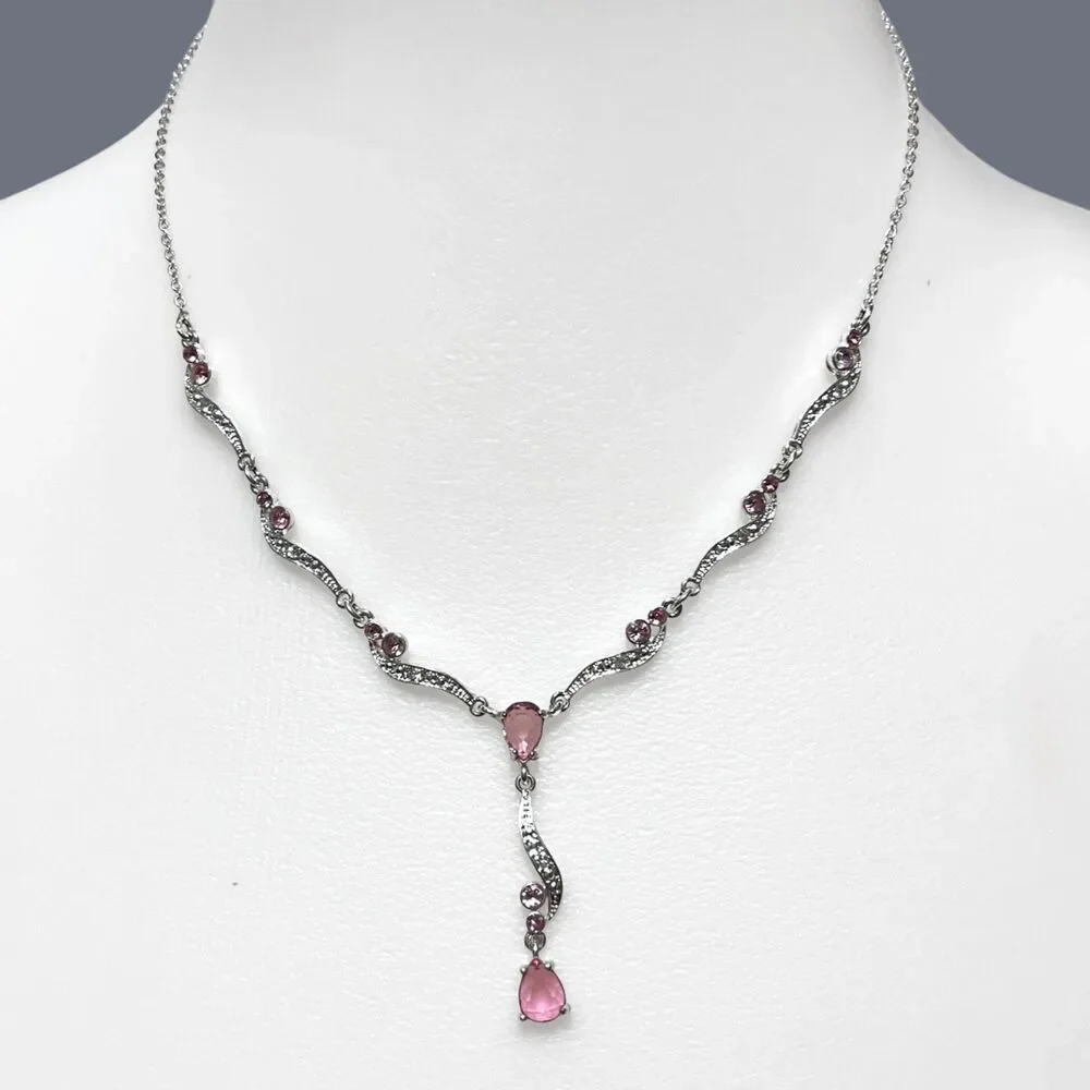 Nina Ricci NR Necklace Pink Pear Rhinestone Silver Tone Y Drop Feminine 20